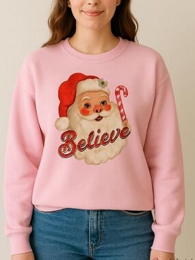 Ugly Christmas Sweater sweatshirt Santa graphic ‘Believe’ pink size large